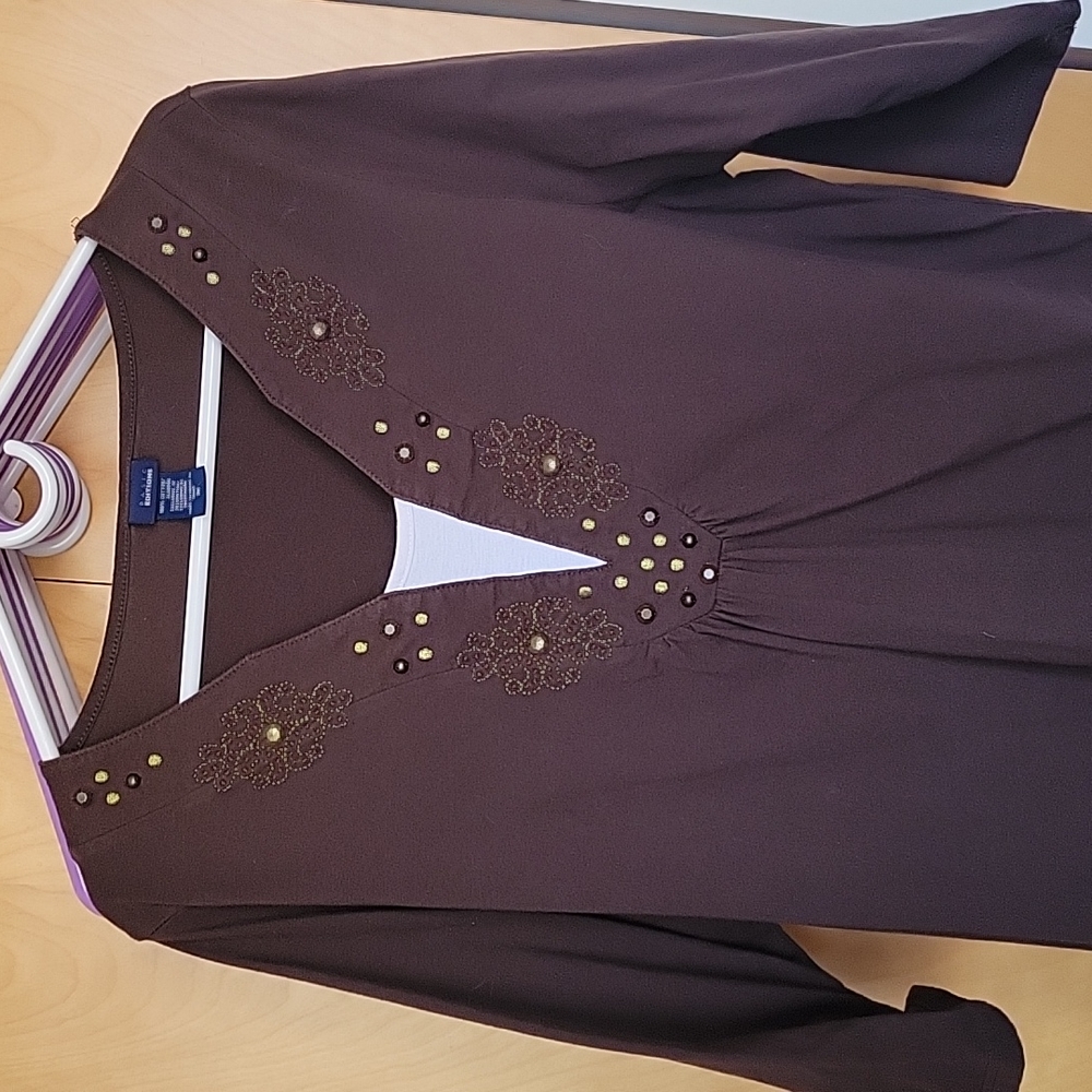 Basic editions 3/4 sleeve, brown tee w white insert